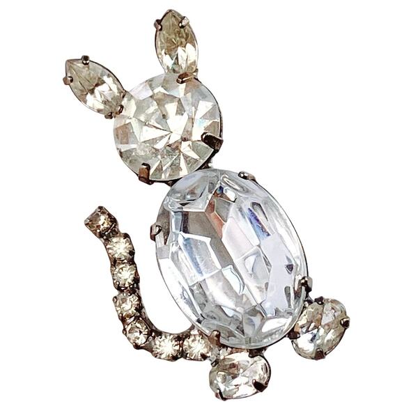 VTG Mid Century Brooch Jelly Belly Rhinestone Cat Silver Tone 1950s - Picture 1 of 10